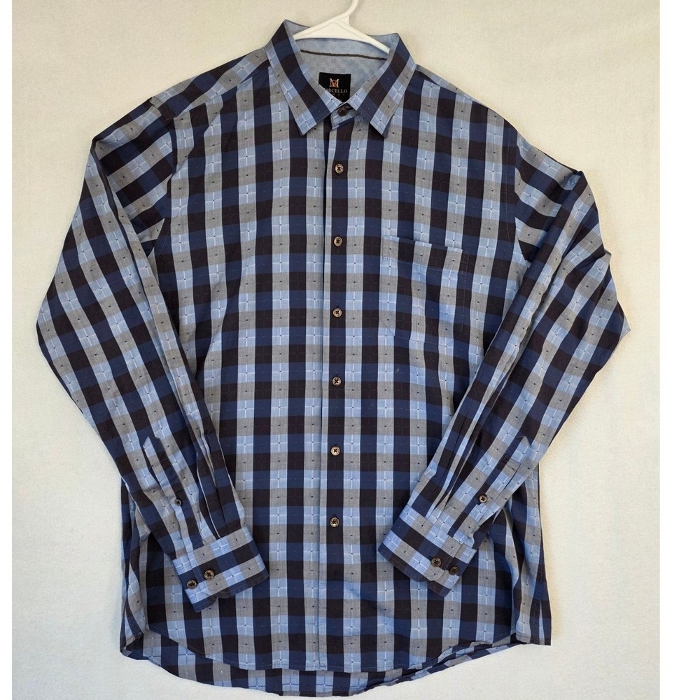Marcello Sport Modern Fit Button Down Shirt L Blue Grey Check 100% Cotton Dobby